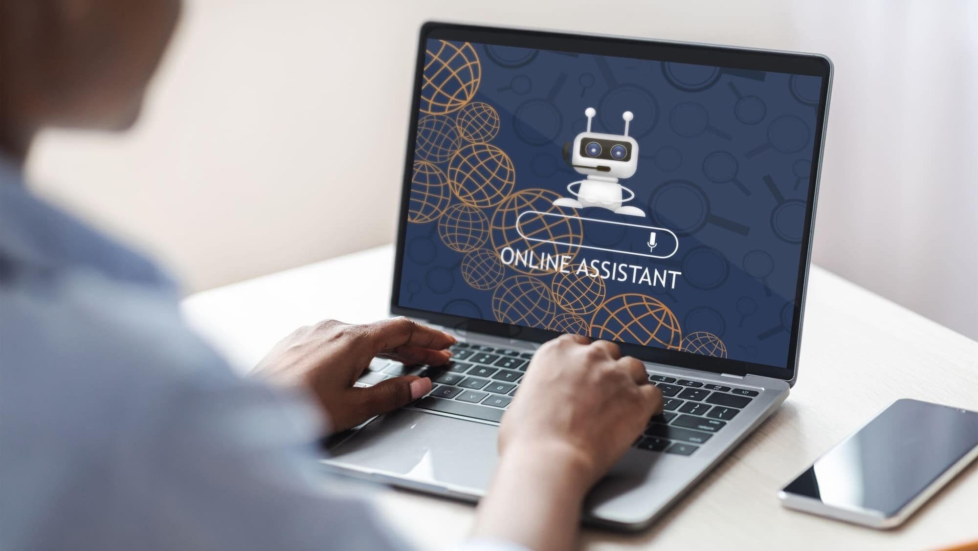 Black woman typing on laptop keyboard, using online assistant